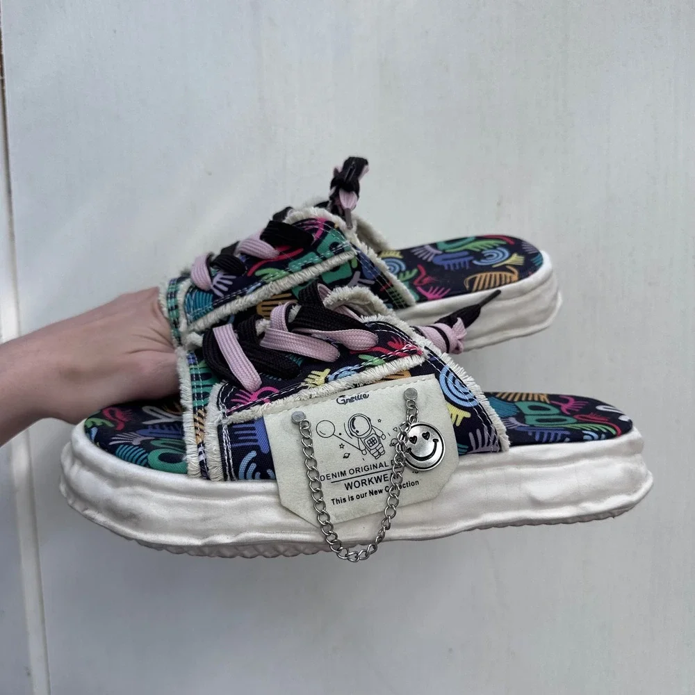 Platform Slides Colorful Abstract Print Frayed Denim Smiley Charm Sz 41